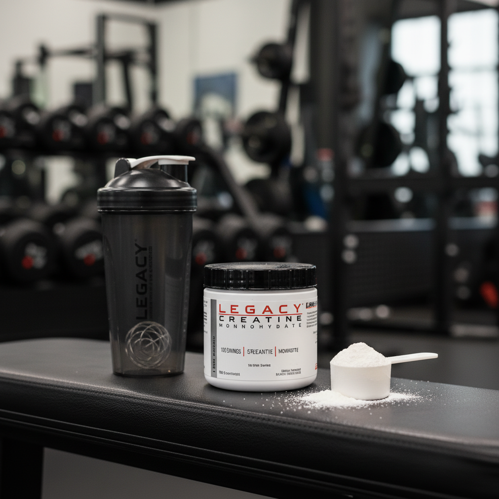 Legacy Creatine Pure Creatine Monohydrate container with shaker and scoop on gym bench